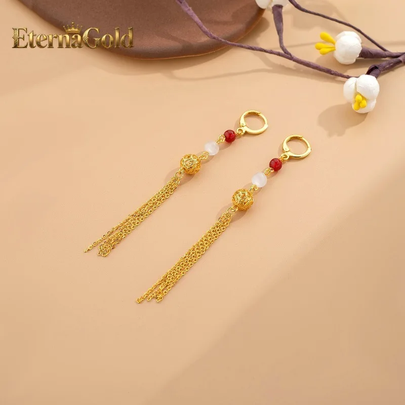 

EternaGold Light luxury 24K real gold hydrangea two-color pearl ear buckle female fashion hollow-out tassel earrings to his gir