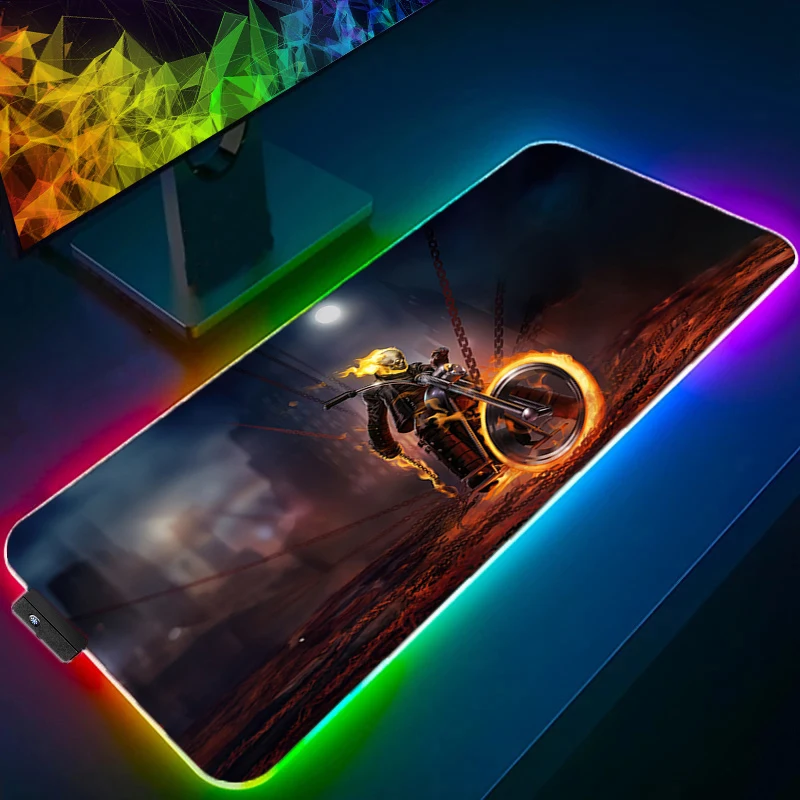 Ghost Rider RGB LED Mouse Pad Large Gaming Locking Edge MousePad Keyboardpad Decoracion Desk Mat Computer Gamer Accessories