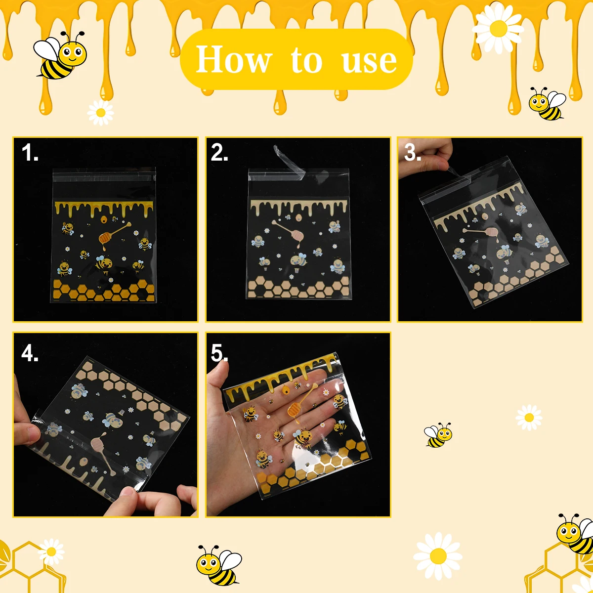 50/100 قطعة أكياس الختم الذاتي النحل ليتل النحل موضوع حفلة كوكي علبة التعبئة والتغليف استحمام الطفل النحل شنطة هدايا حفلة عيد ميلاد الديكور