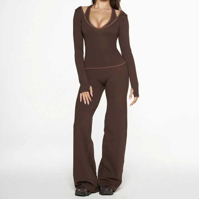 

Matching Sets Women Fall 2025 Cross-Strap Tank & V-Neck Long-Sleeve Top & Casual Straight-Leg Pants Three-Piece Sporty Suit