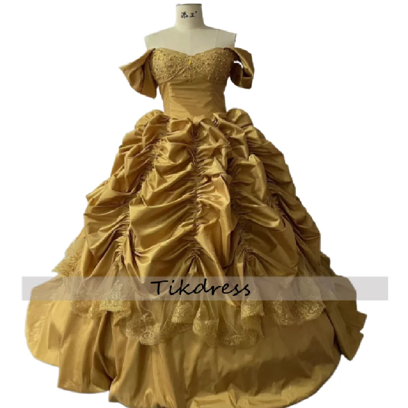 

Элегантные золотые вечерние платья в стиле Belle 2026 с открытыми плечами, плиссированный костюм, фантазийное платье для выпускного вечера, средневековое платье для церемонии чаепития