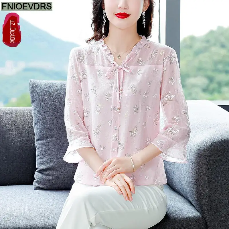 M-4XL 2024 Spring V Neck Tops Women Basic Wear Office Lady Long Sleeve Floral Print Retro Vintage Pink Bow Tie Shirts Blouses