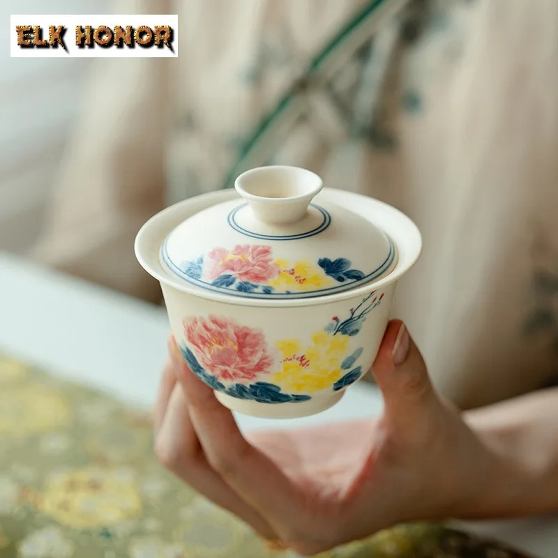 Pure Hand-painted Rich Peony Ceramic Gaiwan Vintage Powder Yin Women's Tea Tureen Household Tea Maker Cover Bowl Teaware Gift