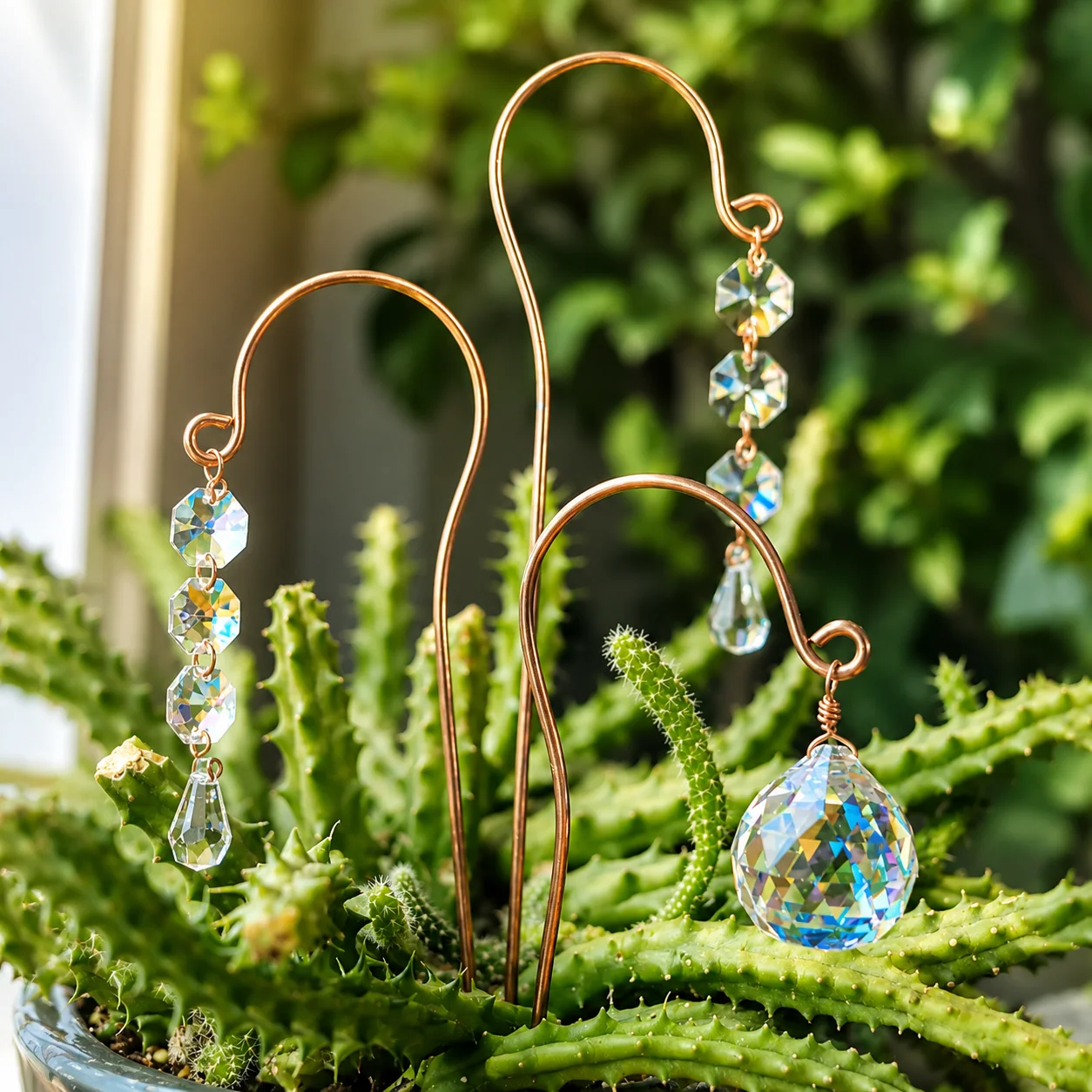 2 Stück Kristall-Sonnenfänger-Pflanzenstecker, goldene Haken mit hängenden Prismenanhängern für Zimmerpflanzen, Gartendekoration