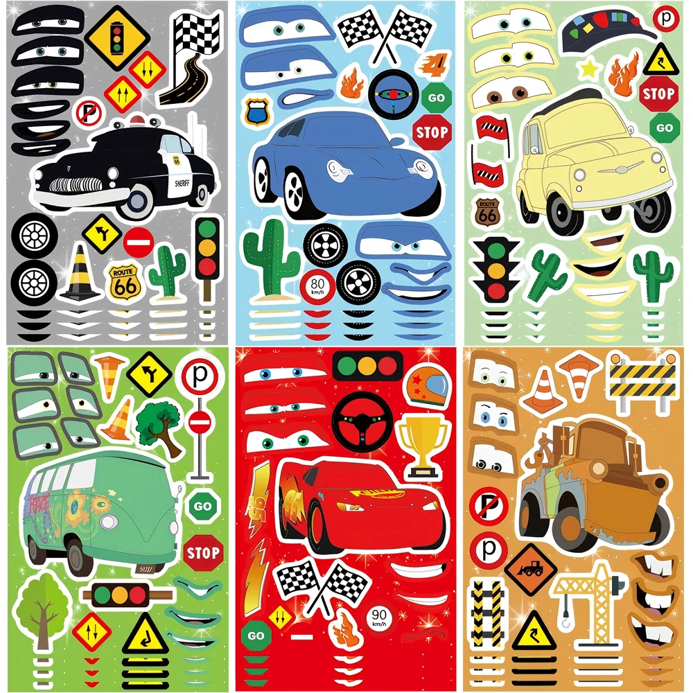 6/12 Hojas de Pegatinas de Rompecabezas de Cars Lightning McQueen para Crear Caras, Juguetes de Ensamblaje de Dibujos Animados de Disney, Calcomanías Decorativas para Fiestas