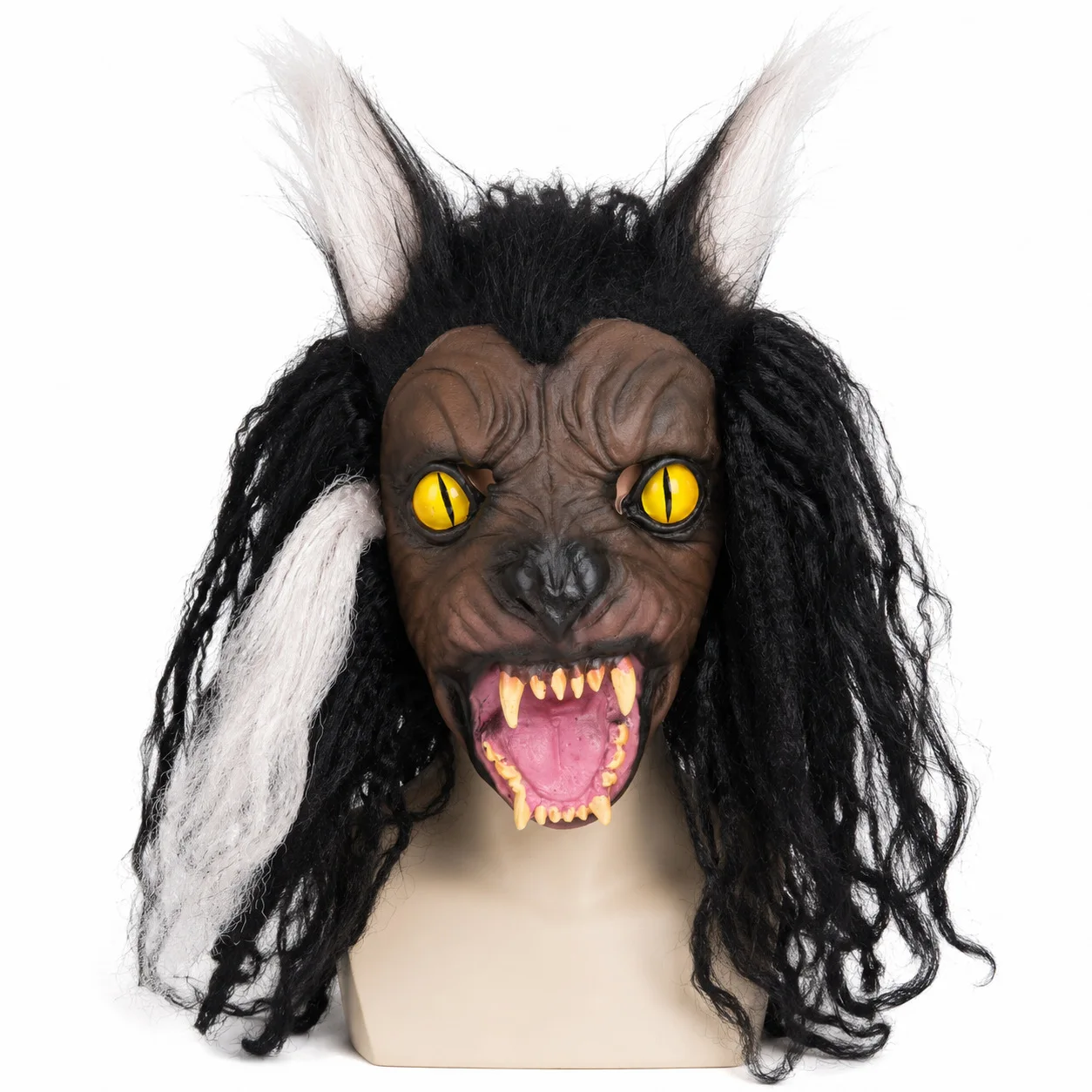 Halloween Scary Wolf‑Beast Latex Mask, Full Headgear with B&W Dreadlocks, Long Fur & Sharp Fangs for Haunted House Cosplay Props