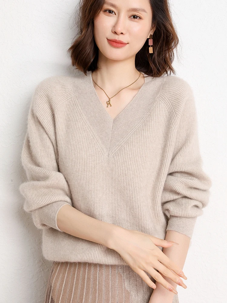 

Grace Womens Cashmere Sweater Soft Warm V Neck Pullover Thick Casual Loose Elegant Long Sleeves Autumn Winter Clothing Top
