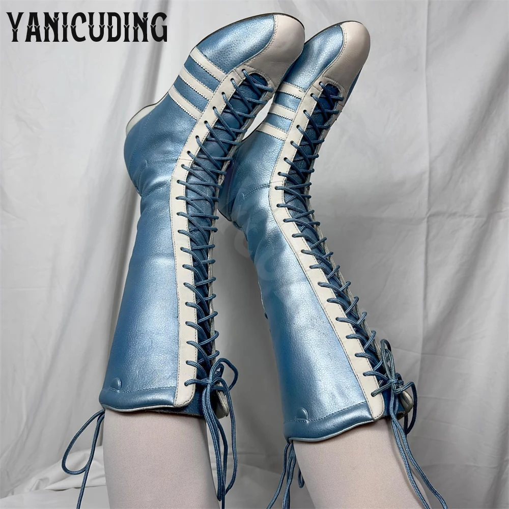 Sporty Style Knee-High Boots for Women Round Toe Comfortable Lace-Up Flat Boots Customizable Multi-color Leather Novelty Boots