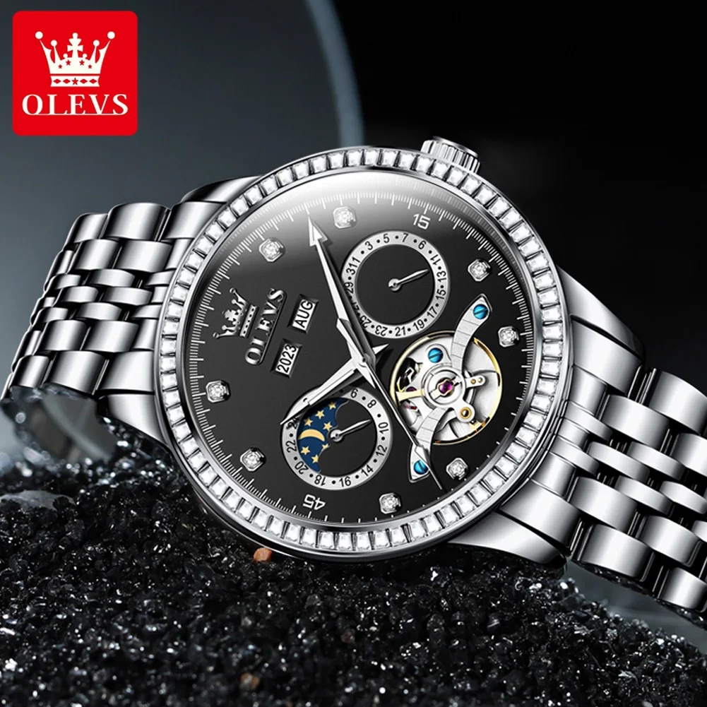 Orologio di marca OLEVS con striscia di acciaio, calendario singolo, orologio meccanico automatico, luce notturna, orologio da uomo impermeabile 7016