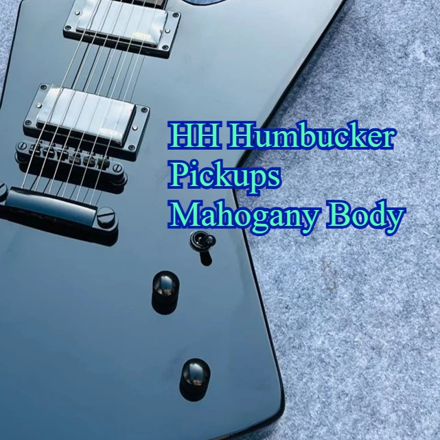 E‑Shape Metal Electric Guitar, Gloss Solid‑Black Finish, Running‑Horse Inlay Fretboard, Black Hardware HH Humbucker Pickups