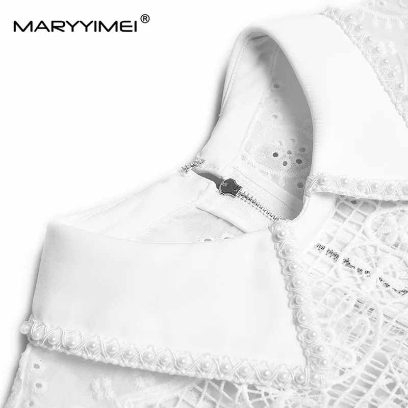 Imagem -04 - Maryyimei-vestido de Manga Curta Feminino Perolização Gola Virada para Baixo Bordado Fino Branco Elegante Moda Verão