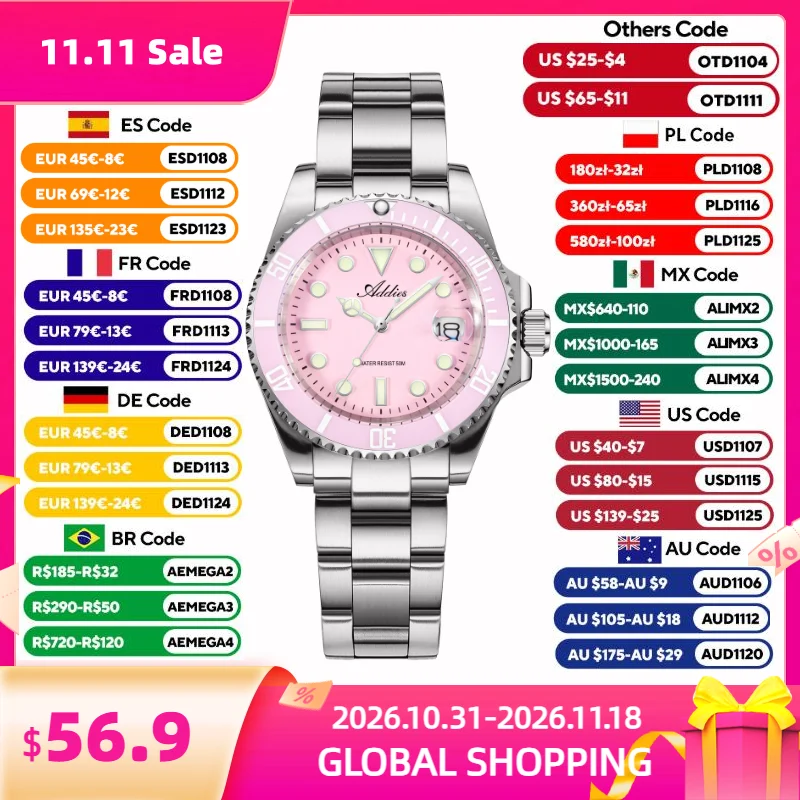 ADDIES 36mm 50m Waterproof Women's Watches Famous Brand Stainless Steel Quartz Woman Watch BGW9/C3 Super Luminous Watch Gift New