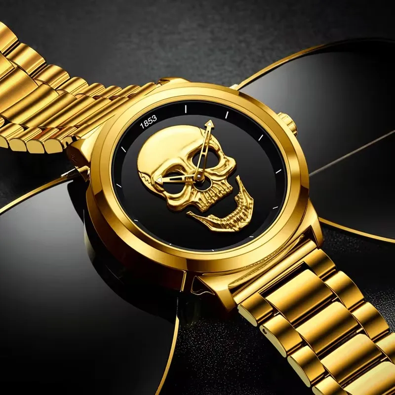 LIGE Top Luxury Brand  Quartz Man Watch Skeleto Creative 3D Skull Stainless Steel Casual Sports Waterproof Clocks Wristwatch+Box
