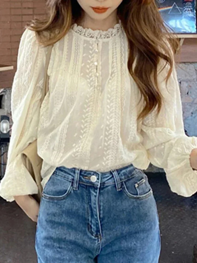 French Fashion Women\'s Long Sleeved Lace Shirt Korean Edition Sweet Versatile Standing Collar Women Casual and Unique Shirt Top