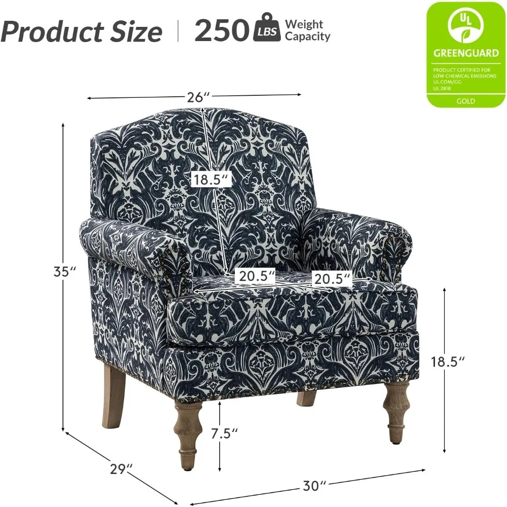 Accent Armchair with Print Floral Pattern, Comfy Upholstered Living Room Accent Chair with Retro Wooden Legs & Nailhead Trim