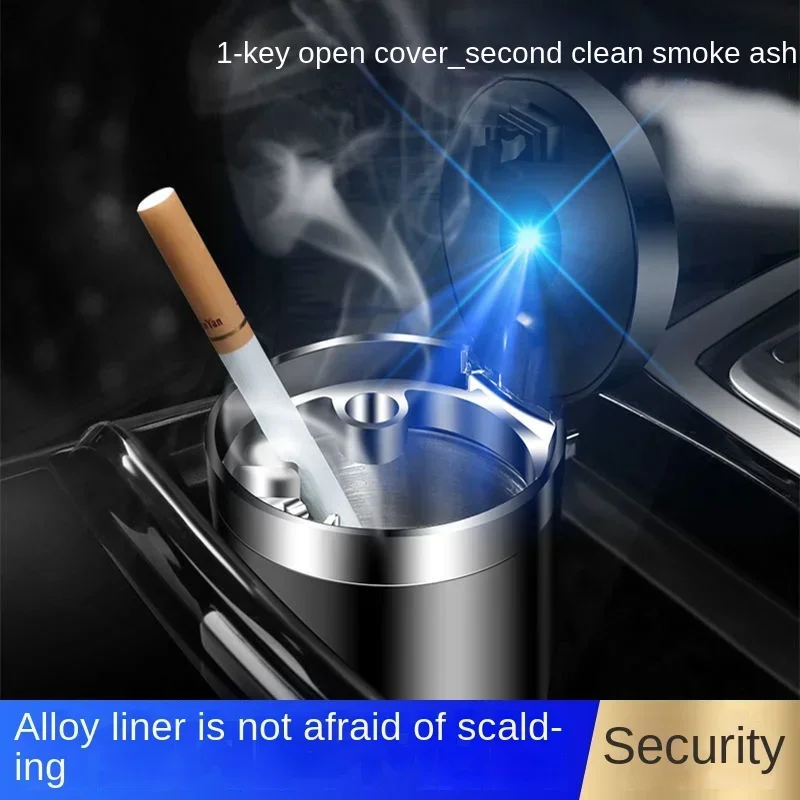 Car Ashtray with Lid Smell Proof Stainless Steel Blue Led Portable Ashtray Cup for Auto Fireproof Shell One Touch Open