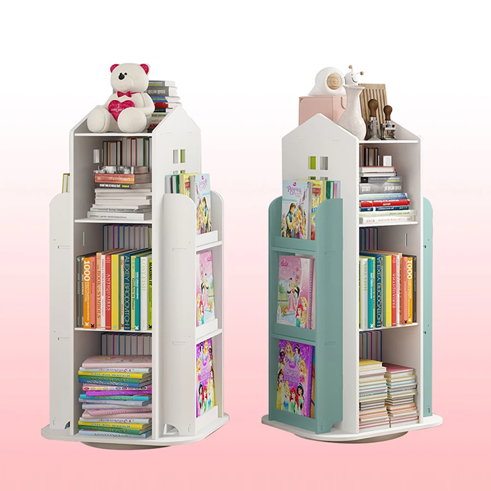 Children\'s Bookshelf 360° Rotating Cartoon Book Shelf Magazine Storage Rack Sundries Organizer Newspaper Bookcases Furniture