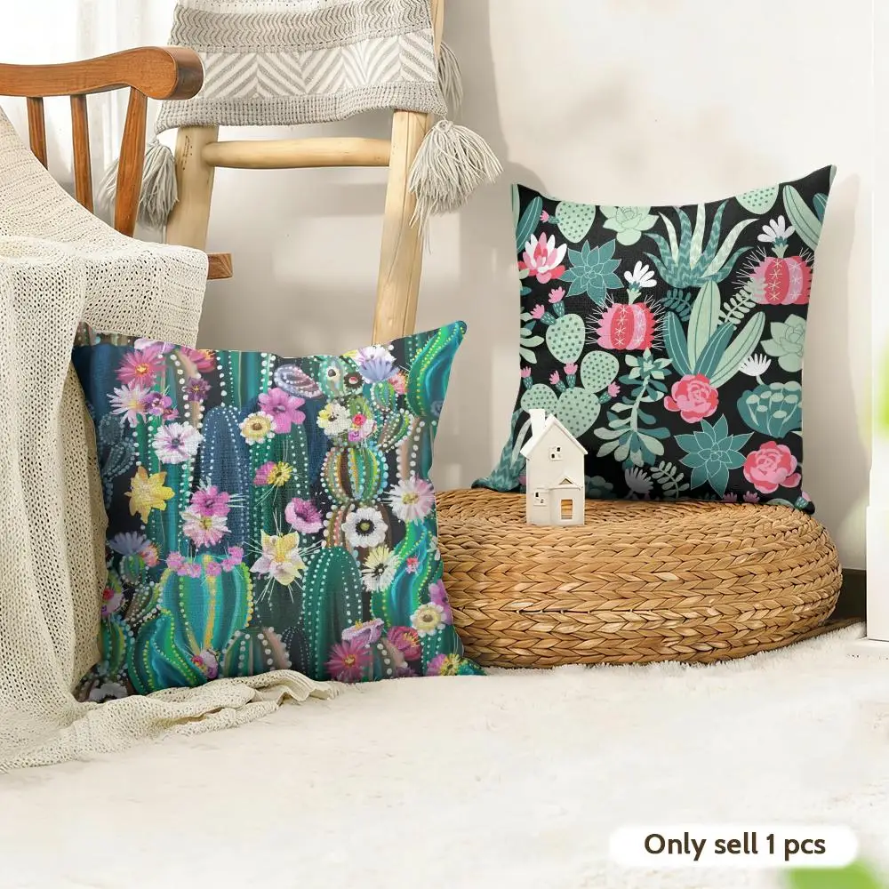 Cactus Pattern Cushion Cover Natural Linen Pillow Cover Double-Sided Print Cushion Cover for Sofa Home Decor