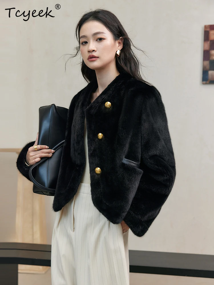 Tcyeek 本物のウール 秋冬 ハイエンド トレンド ミンクファー ブラック カジュアル レディース ウール シアリング ファーコート ファー婦人服