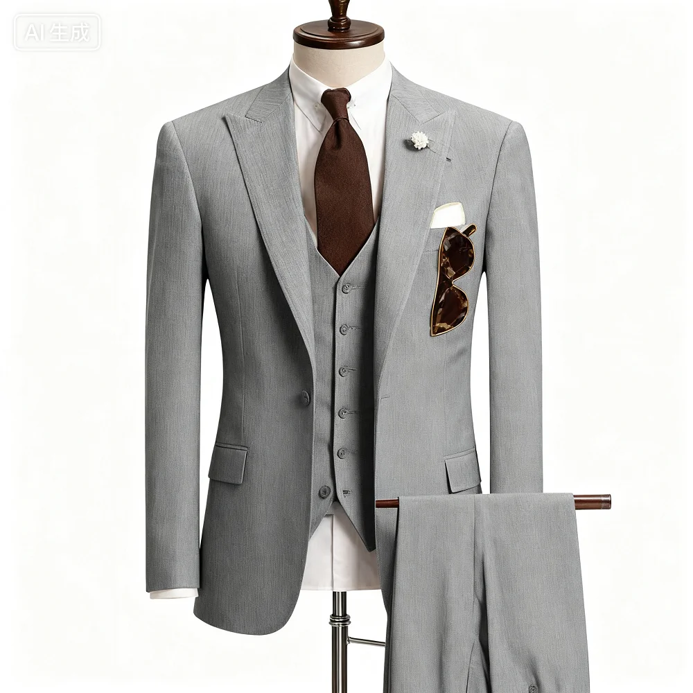 

Men's Monochromatic Slim Fit Wedding Terno Peak Lapel Smoking Formal Business Suit 2 Button Jacket Vest Set