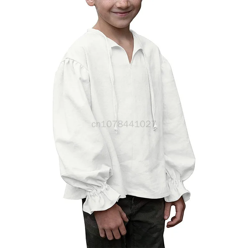 Child Renaissance Costume Ruffled Long Sleeve Lace Up Medieval Steampunk Pirate Shirt Cosplay Prince Drama Stage Tops For Kid