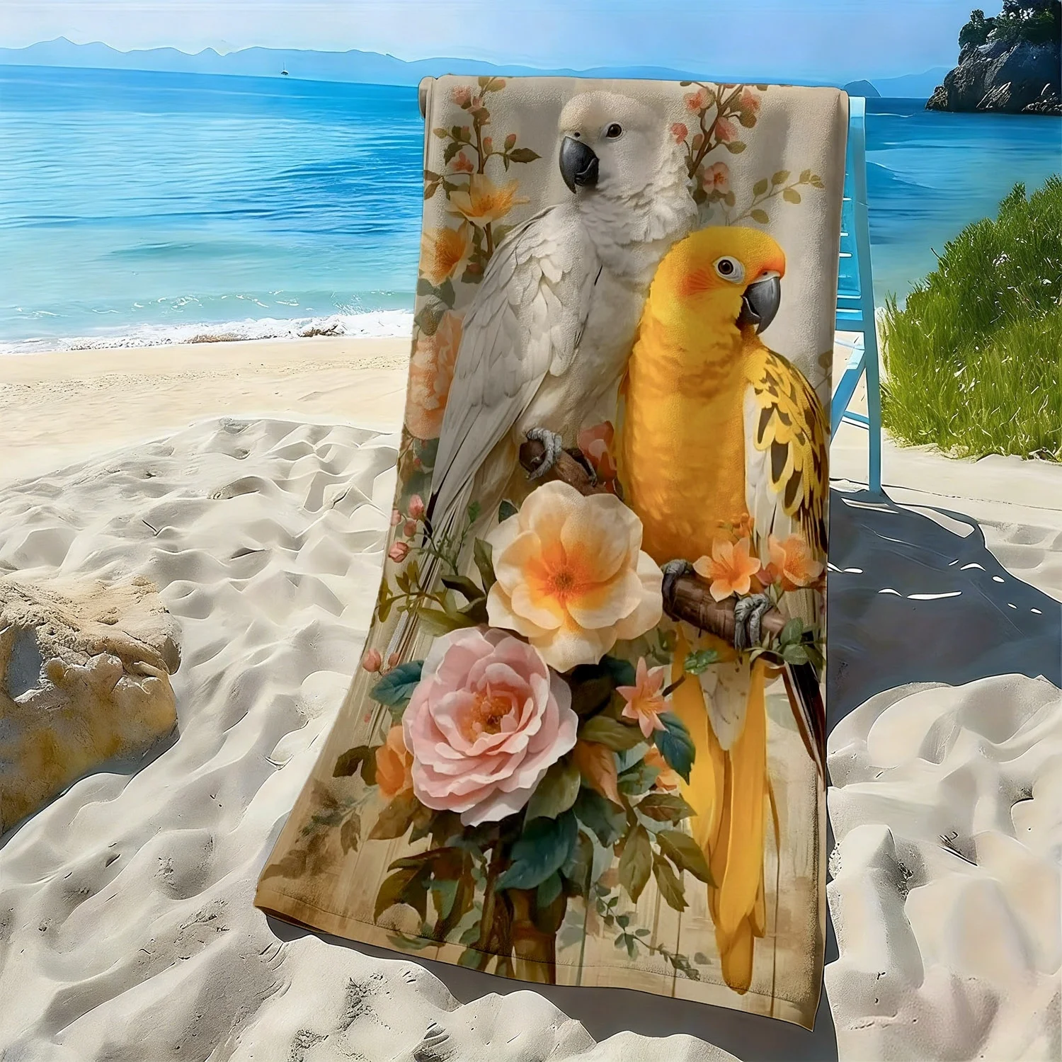 Exquisite parrot and flower patterns polyester microfiber beach towel is highly absorbent, suitable for swimming beach outings