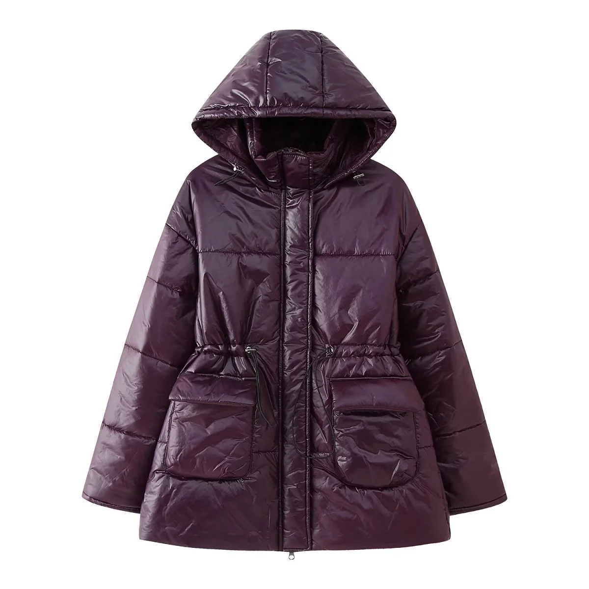 

Women's new cotton jacket with shiny material, visually textured, hooded design, women's hooded zipper cotton jacket
