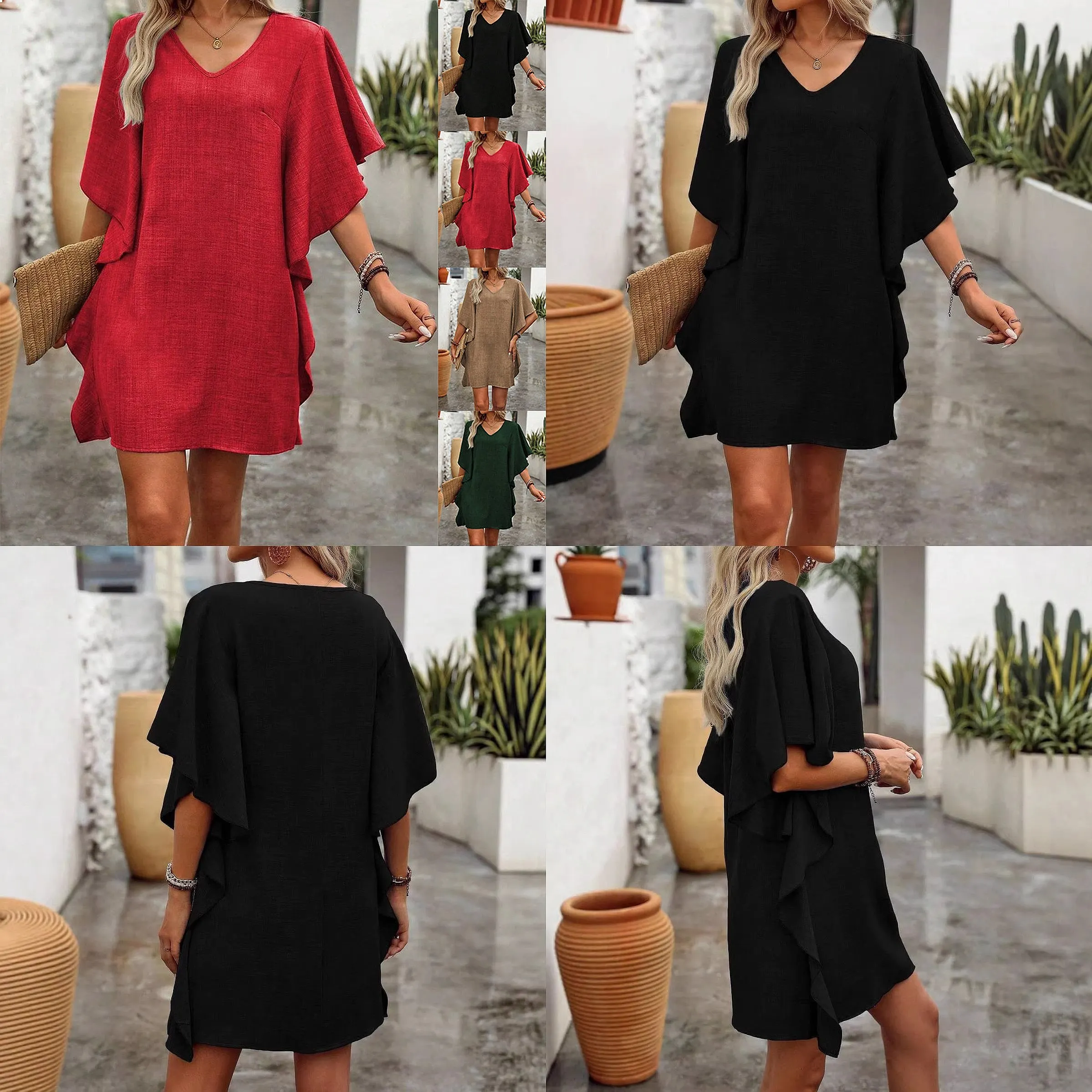 

Summer Women Dress Loose V Neck Ruffle Fashion Dresses Spring Summer Casual Flowy Midi Dresses