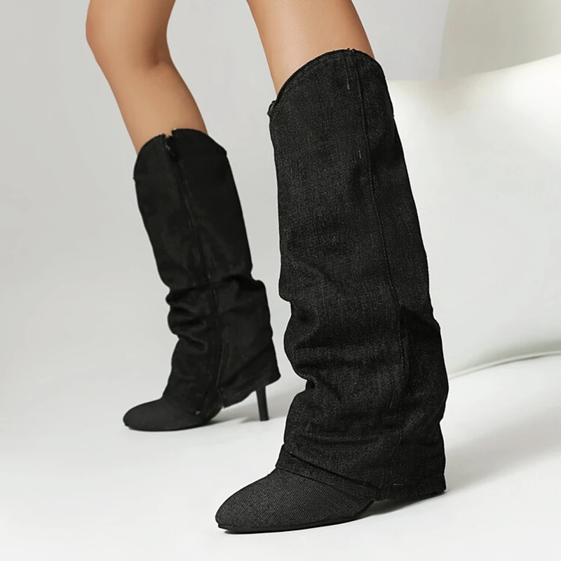 

ORCHA LISA Новые модные женские ковбойские сапоги в стиле вестерн с острым носком на блочном каблуке 8 см, синие, большие размеры 46 для брюк, одинаковая распродажа