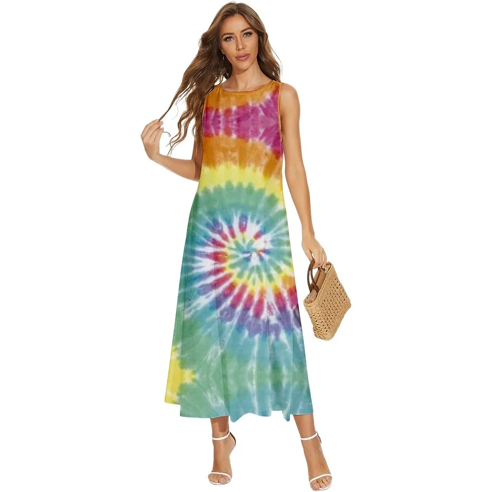 Lente Zomer Vrouwen Strand Lange Jurk Tie Dye Patroon Gedrukt Mouwloze Pocket Jurk Kleding Holiday Vestido