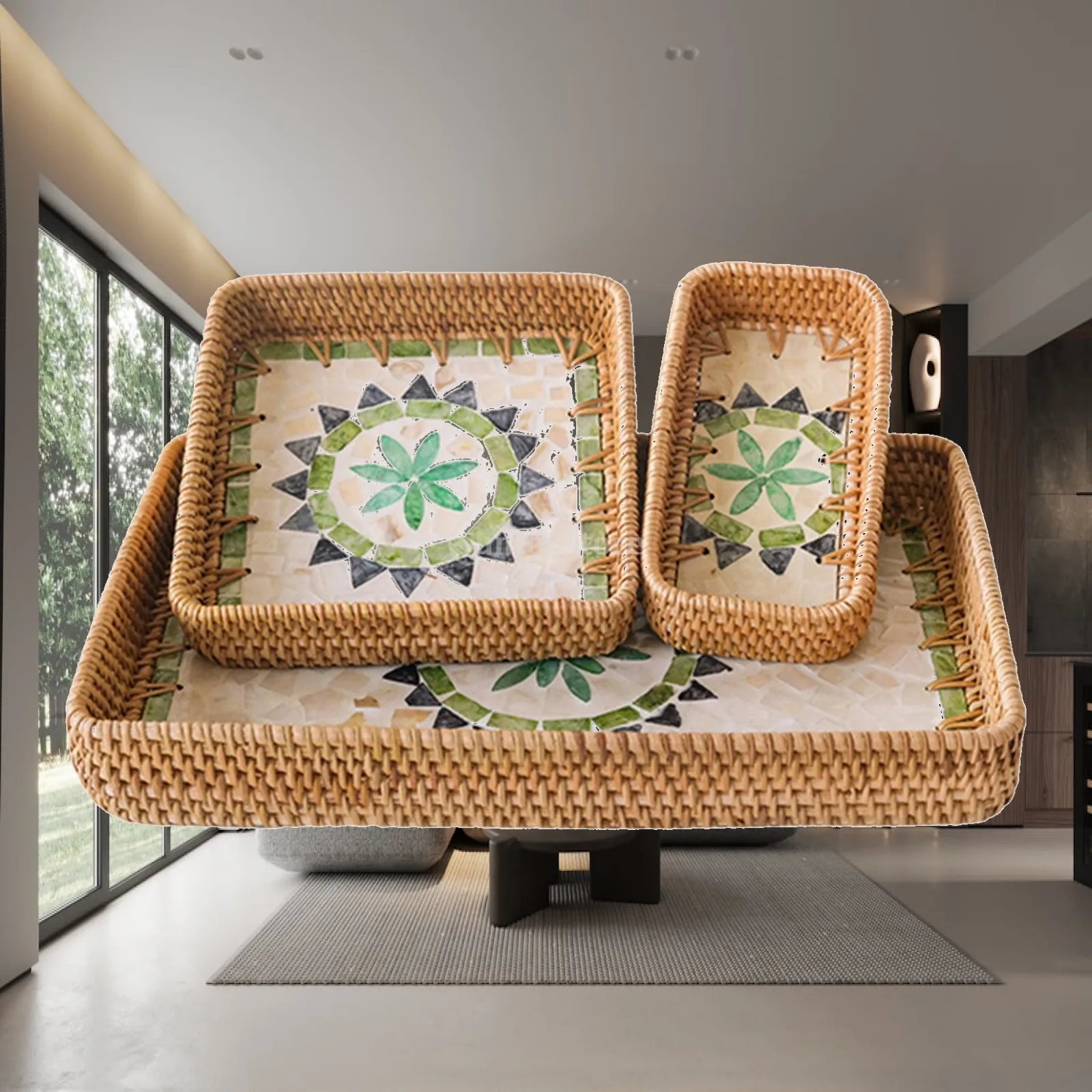 3 Pieces Woven Rattan Basket Fruit Bowl Holder Multipurpose Bread Basket for Kitchen Table Centerpiece Home Pantry Coffee Table