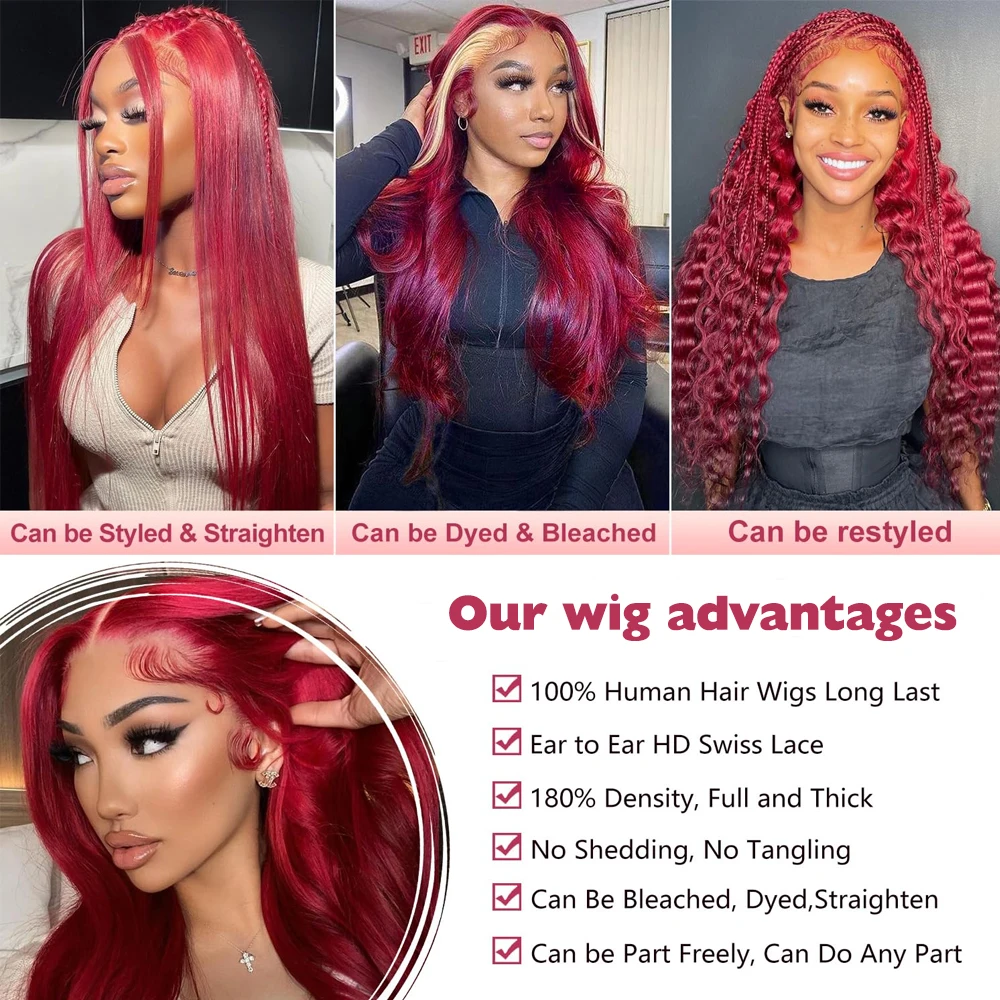 Perruque Lace Front Wig Body Wave Naturelle Bordeaux 99J, Cheveux Humains, Couleur Vin Rouge, Pre-Plucked, Densité 210, 13tage, pour Femme