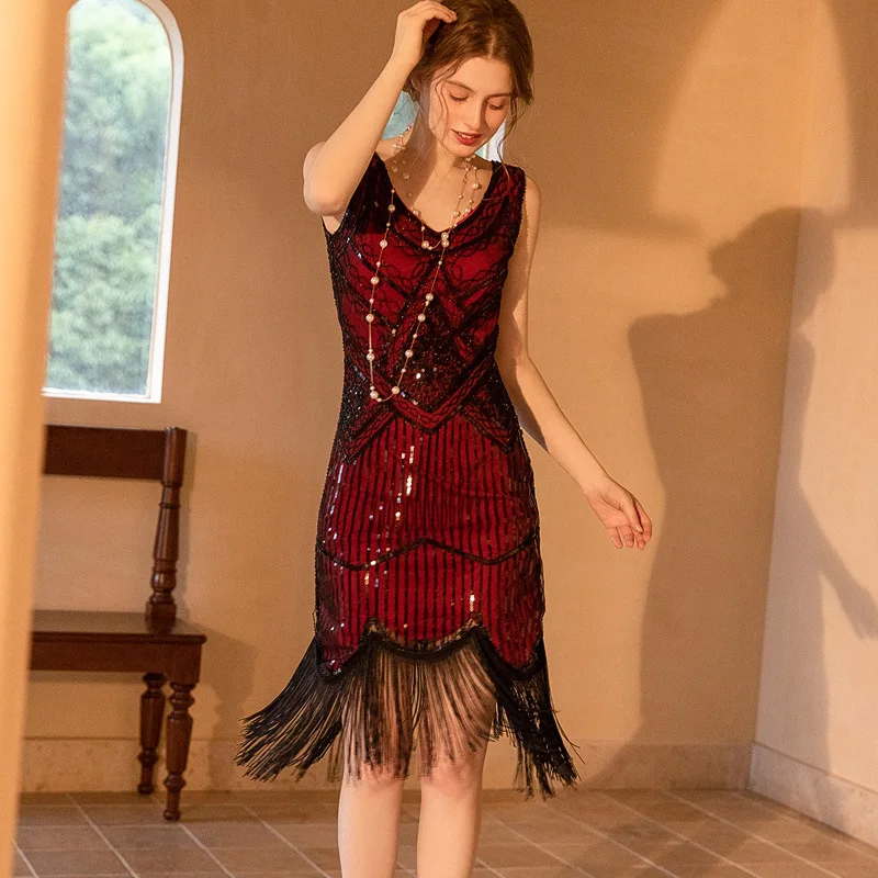 여성 파티 드레스 스팽글 페르시 태슬 트림 민소매 슬림 피팅 태슬 볼룸 드레스 레트로 태슬 중요한 행사