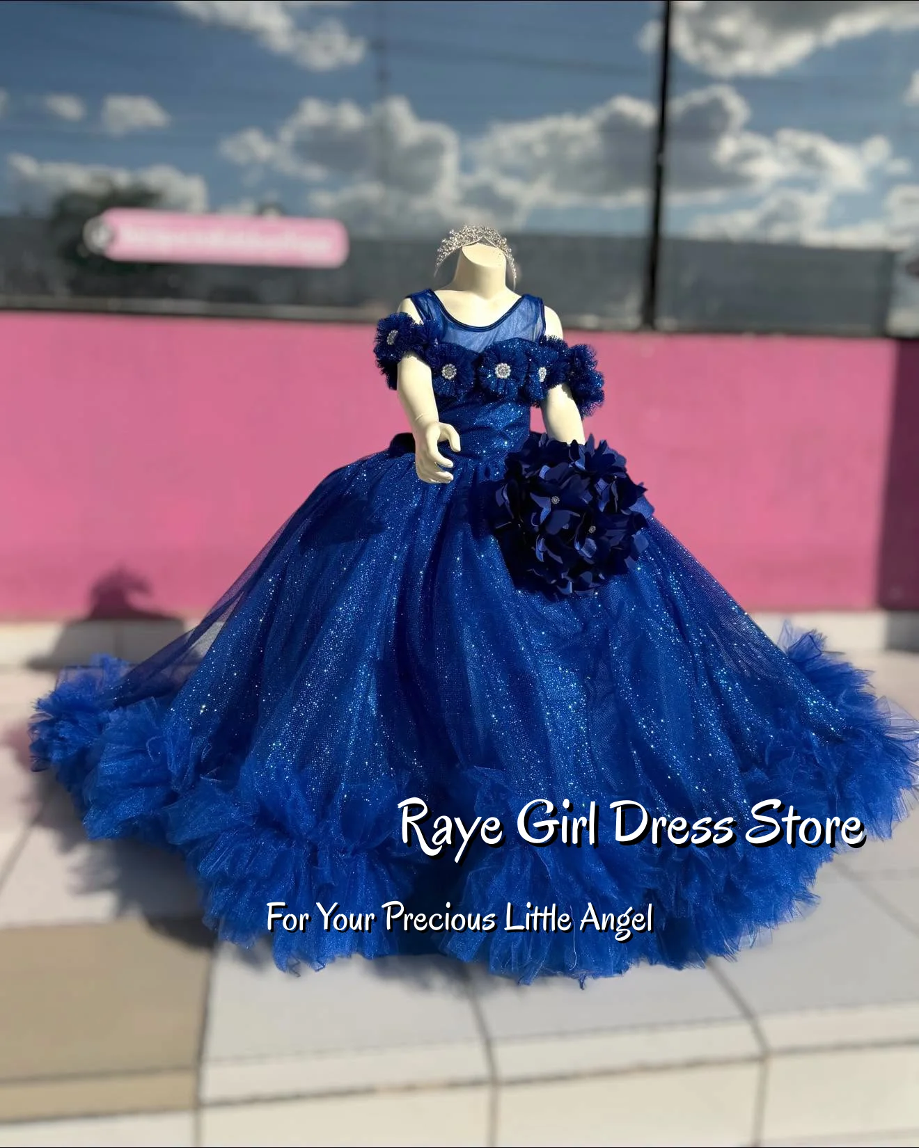 Royal Blue Glitter Flower Girl Dress Off Shoulder 3D Floral Ruffle Tulle Ball Gown Pageant Birthday Princess Gown Customized