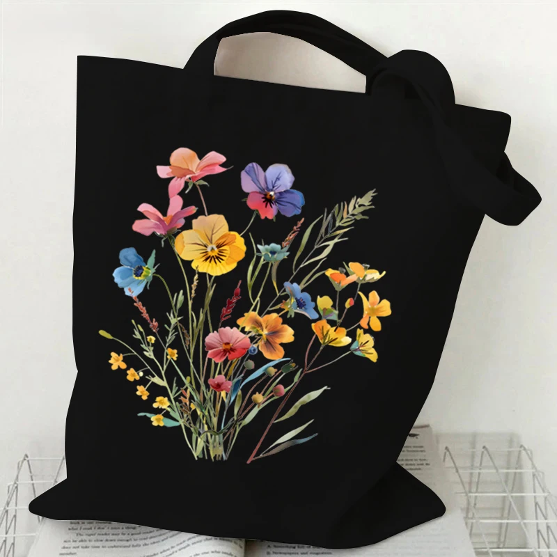 Boho Wildflowers Pattern Retro Graphics Canvas Tote Bag Reusable Shopper Bag for Women Purses and Handbags Shopping Cloth Bag