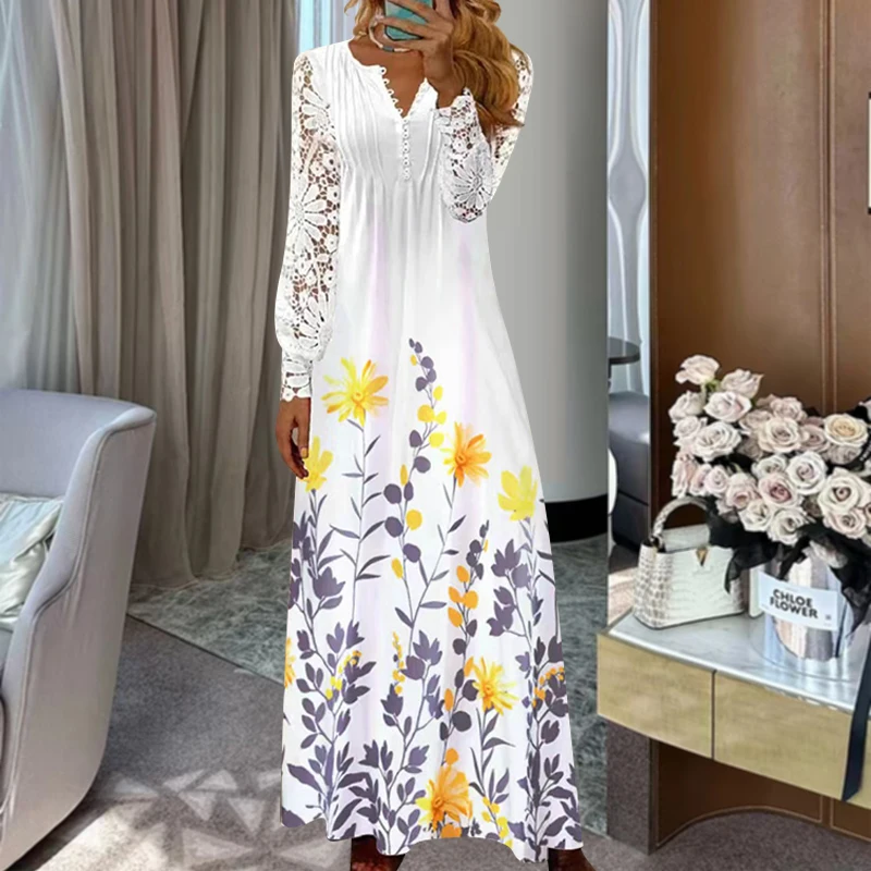 

Spring Women Lace Button Loose Boho Vintage Ruffles Dresses Befree Summer Elegant Party Large Big Summer Party Maxi Dress