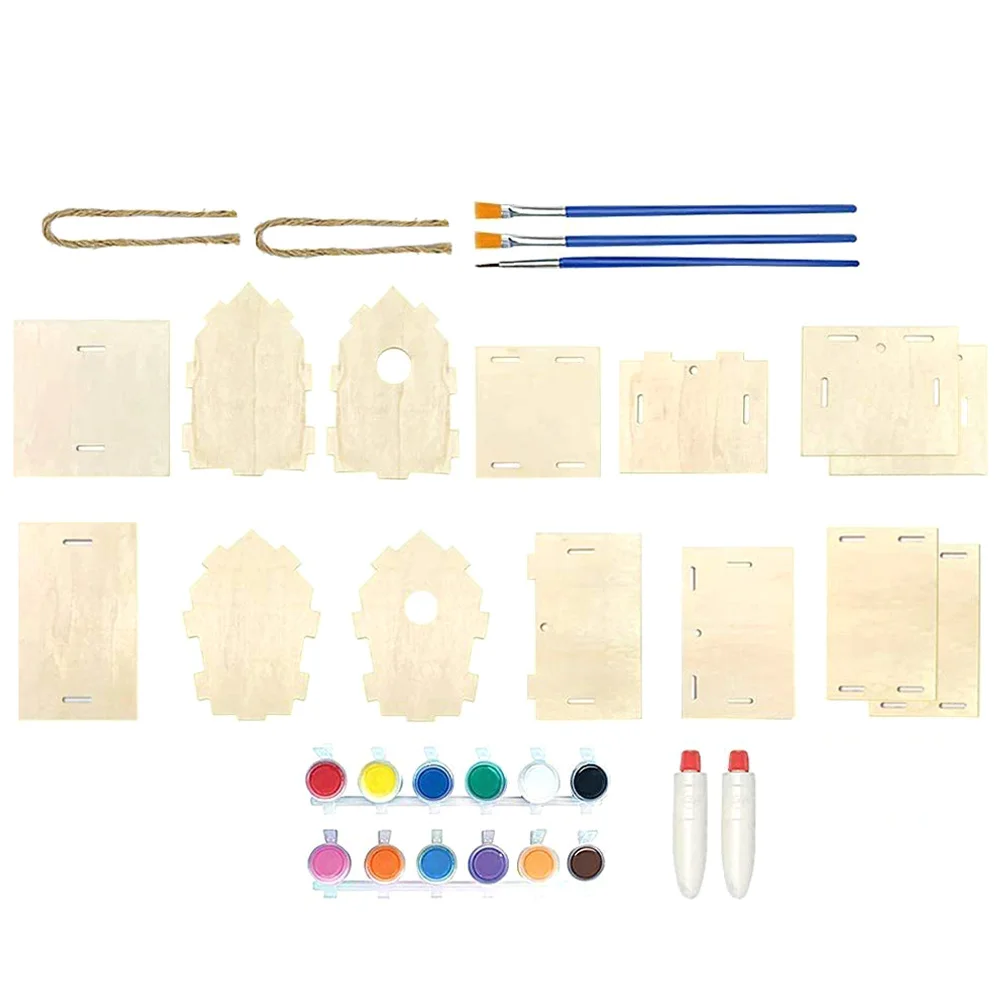 

1 set Wooden Birdhouses Kits 12 Colors Paint Unfinished House Wind Chime Kids Craft Pendant Outdoor Indoor Decor Build Paint