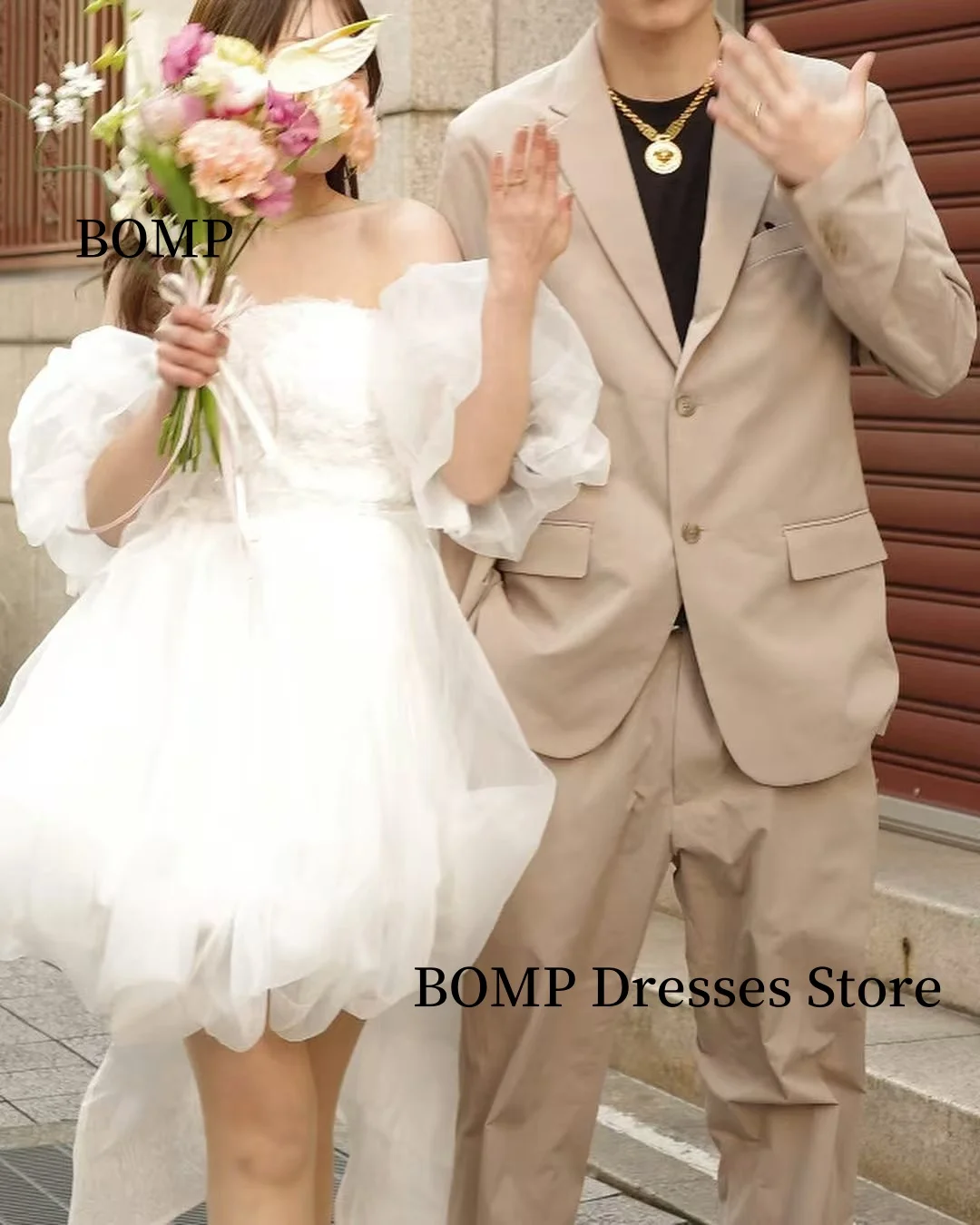 BOMP Bow Wedding Dresses Korea Photo shoot Off Shoulder Short Princess Bridal Gowns Customized 웨딩드레스 image 4