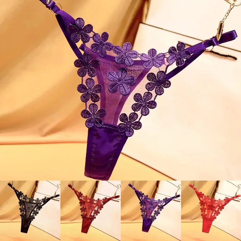 Woman Sexy Pure Desire Thong Metal Buckle Design Sweet Flower Embroidery Breathable Mesh Ropa Interior Para Mujeres
