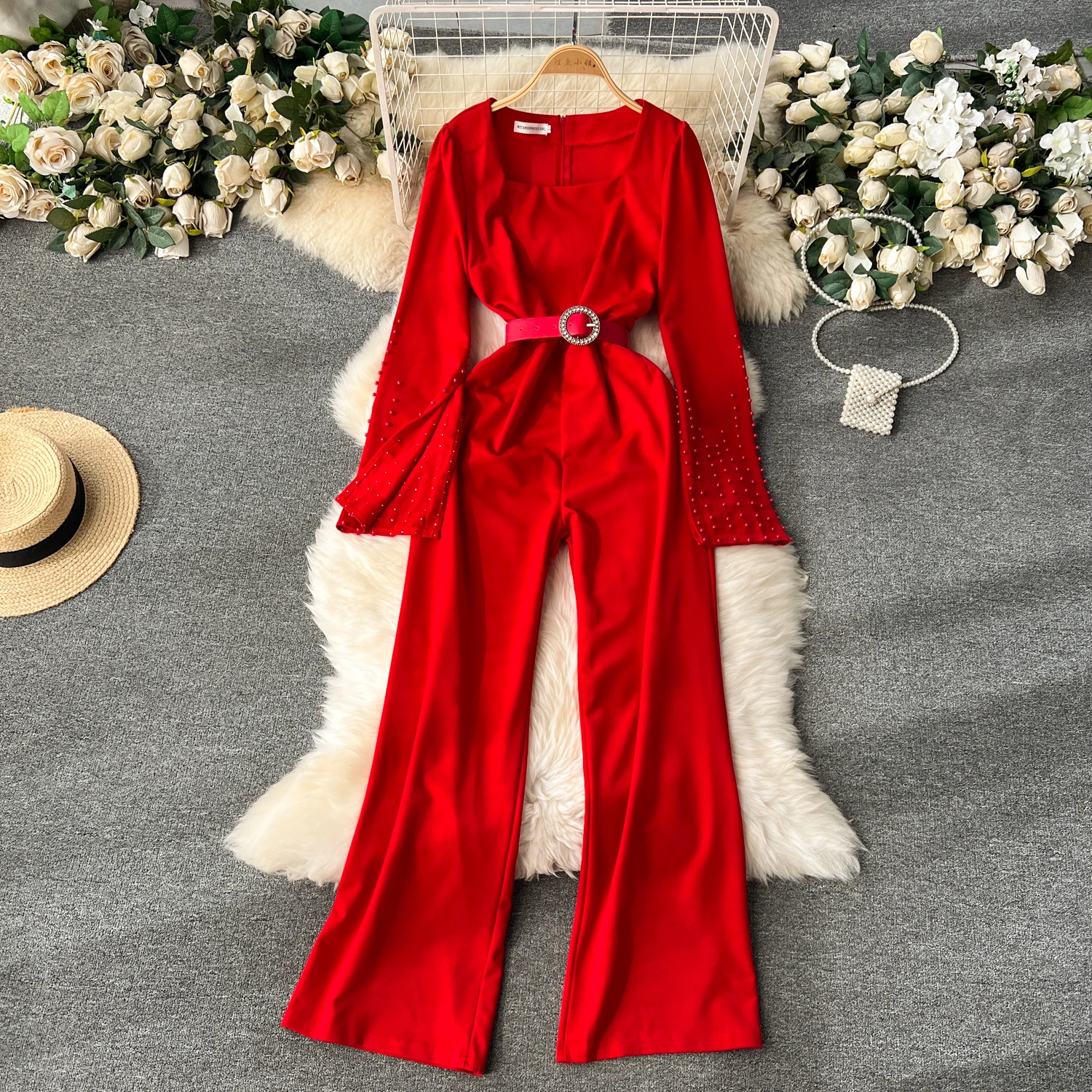 

European Style Women Jumpsuits Spring Autumn Temperament Square Collar Beading Long Sleeve Solid Wide Leg Pants Elegant Jumpsuit