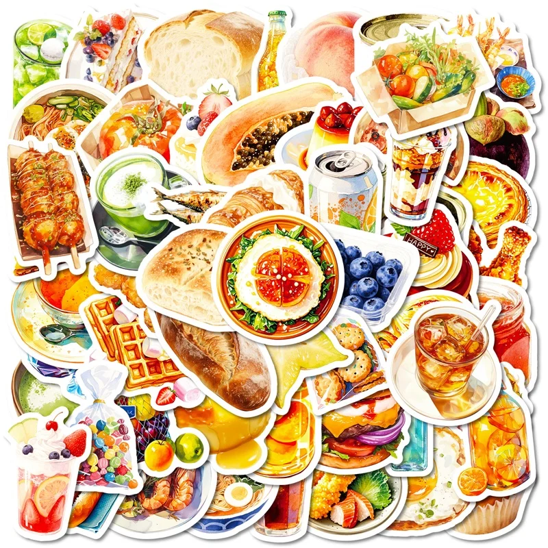 

10/30/56PCS Cartoon Food PVC Sticky Sticker Aesthetic DIY Colored korean Decoration Scrapbooking Supplies for Kids