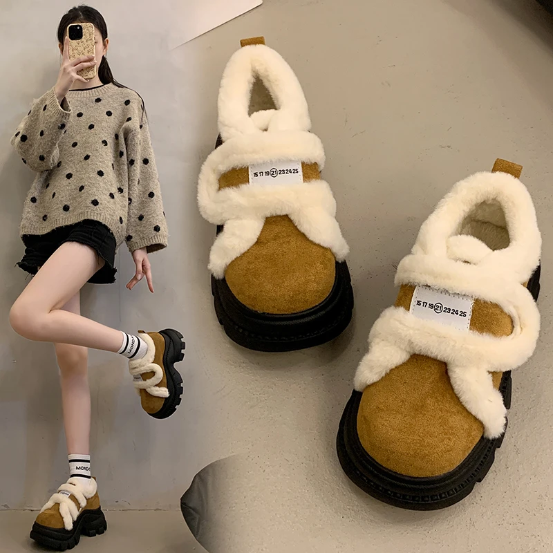 

Женские замшевые хлопковые туфли на высоком каблуке, короткие плюшевые повседневные ботильоны на платформе, меховые зимние ботинки, тренд 2025 года, зимние теплые Botas De Mujer