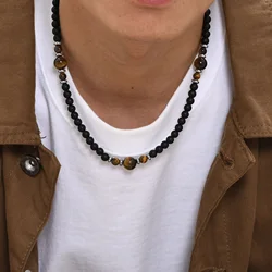 Casual Black Brown Beaded Necklaces for Men Boys,Summer Beach Tiger Eye Stone Beads Collar,Waterproof Swimming Jewelry