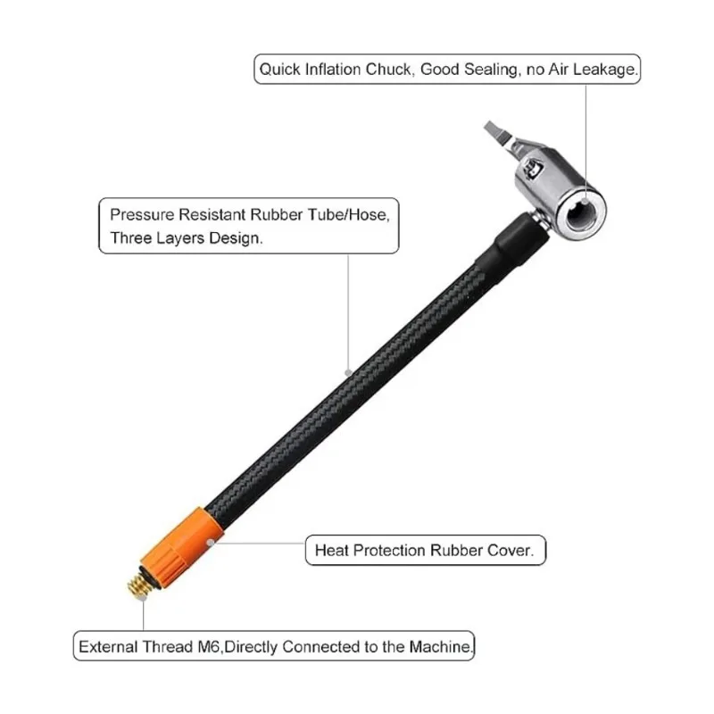 M6 Locking Air Chuck With Air Hose, Standard Tire Valve Fine Thread, Inflation Hose Adapter