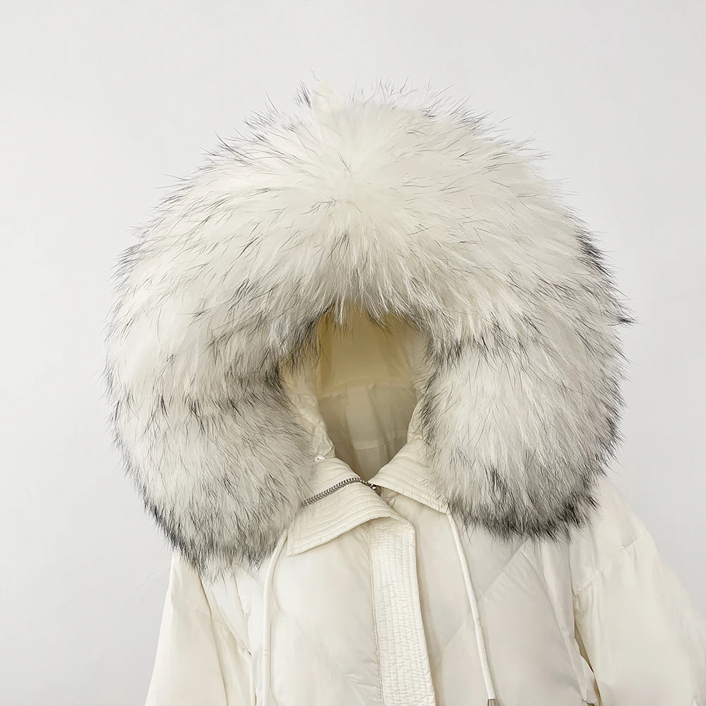 MENINA Addensare Caldo Cappotto con maniche lavorate a maglia Piumino d'anatra bianco Parka medio lungo 2025 Nuovo inverno Grande piumino con cappuccio in vera pelliccia da donna
