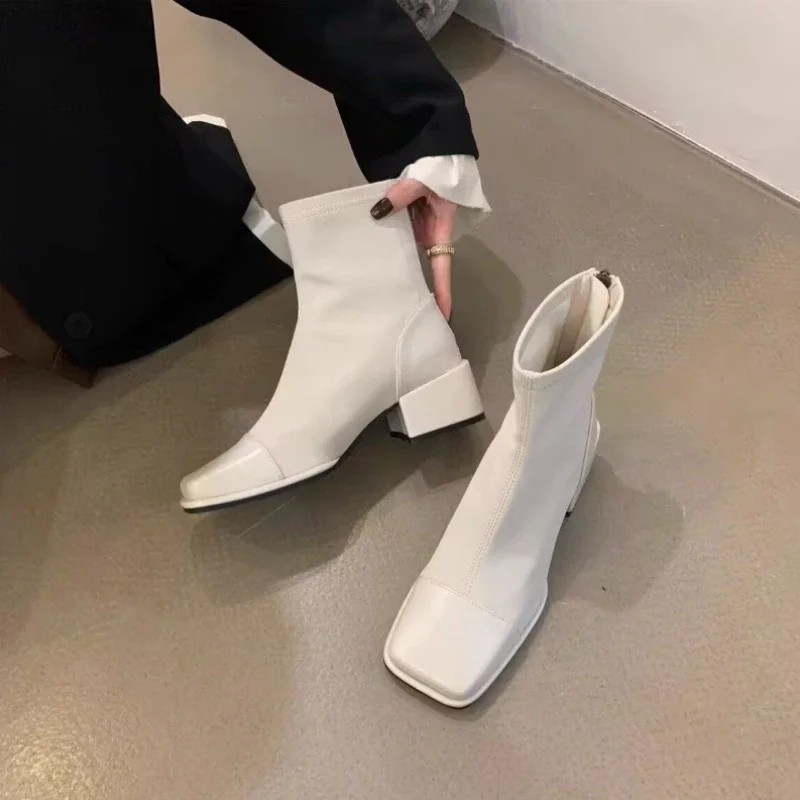 Shoes for Women 2023 Autumn Winter New Square Toe Women\'s Boots High Quality White Ankle Boots Fashion Zipper Modern Boots