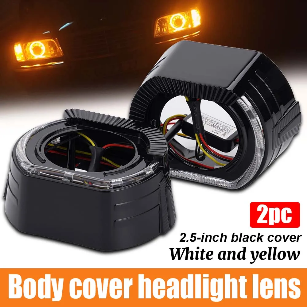 

2pcs Car Front LED Headlight Lens White/yellow Light Two-Color Car Headlight Angel Eye Integrated Lampshade Decoration
