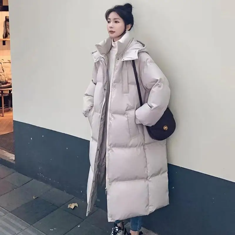 652F Women Long Quilted Coat Hooded Maxi Length Long Sleeve Puffer Jacket Padded Coat Winter Outerwear with Pockets Gifts