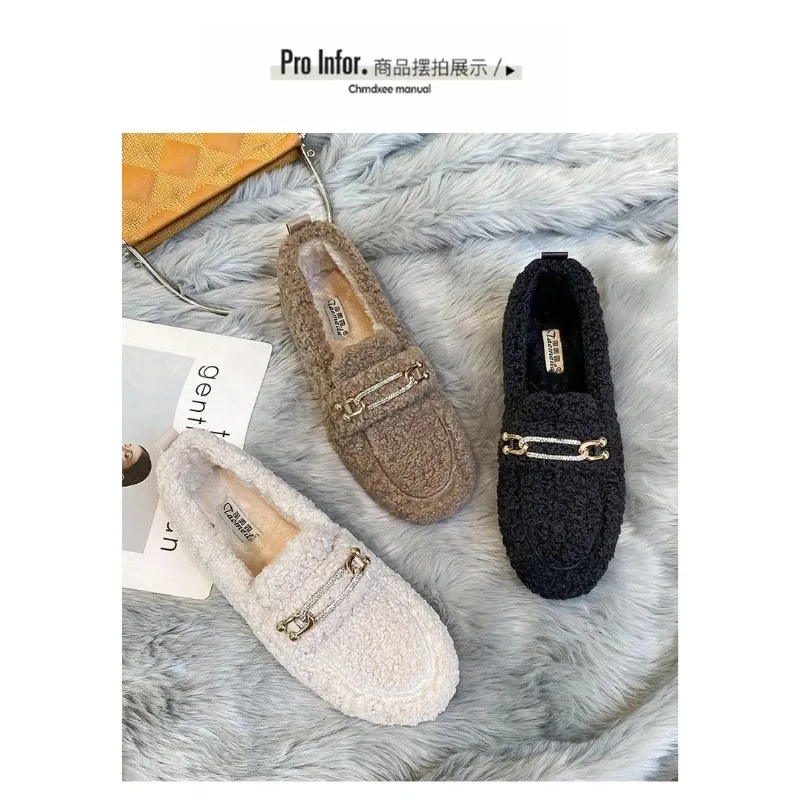 

Winter Slip On Furry Flats Cotton Wool Mocasine Femme Barefoot Boots Luxury Sheep Fur Lined Loafers Women Lambswool Shoes Ladies