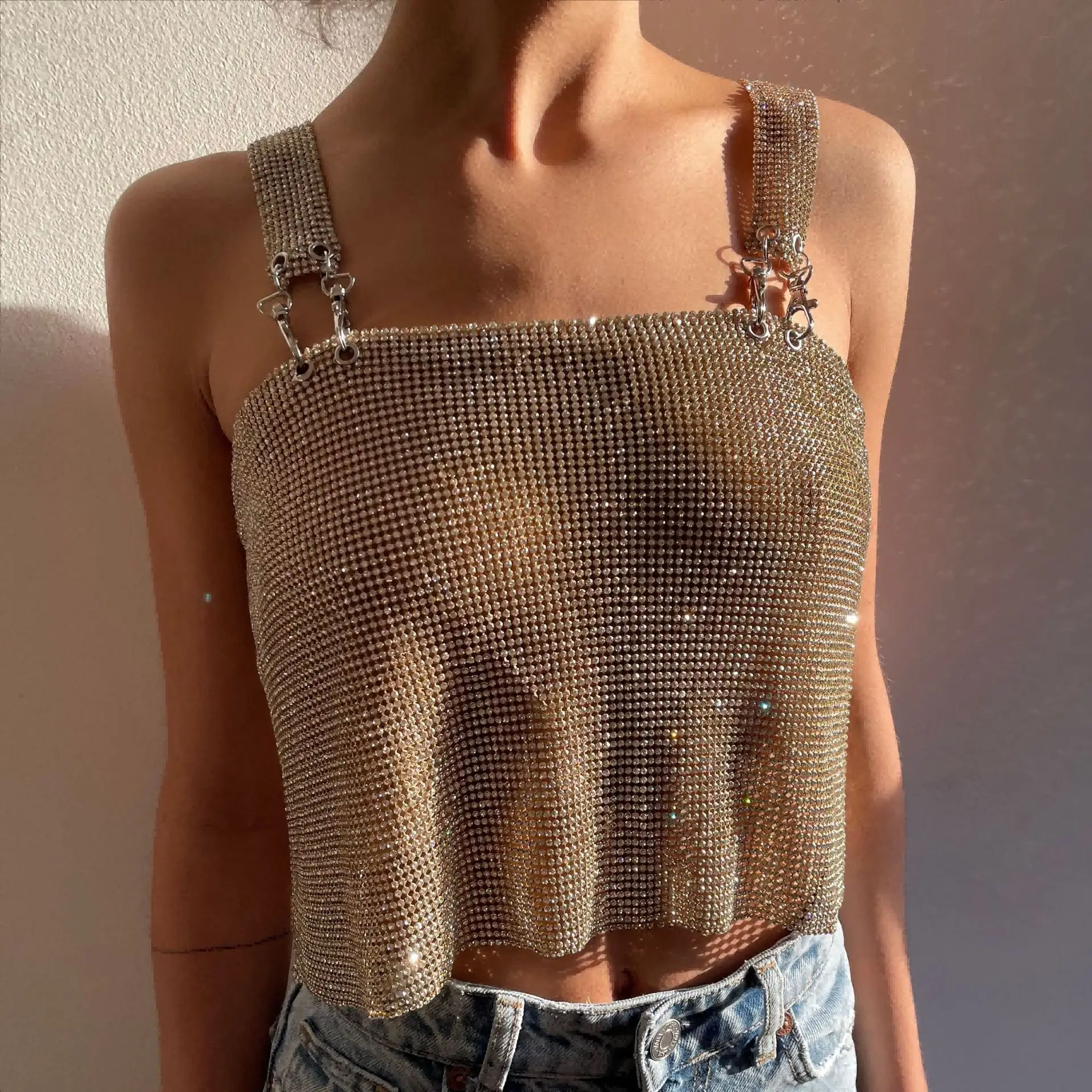 Women's Metal Vest, Spicy Girls' Outfit, Bra, Sexy SuSpender, ExposEd Navel Top, Rhinestone Vest Top